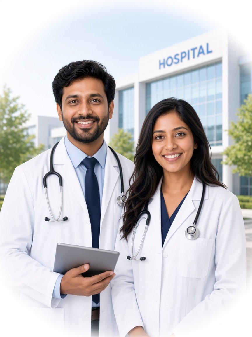 Two doctors smiling in front of a modern hospital